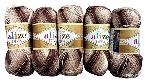 5 x 100 Gramm Alize Batik Wolle mehrfarbig mit Farbverlauf, 500 Gramm merzerisierte Strickwolle Microfiber-Acryl (braun beige weiß 1815)