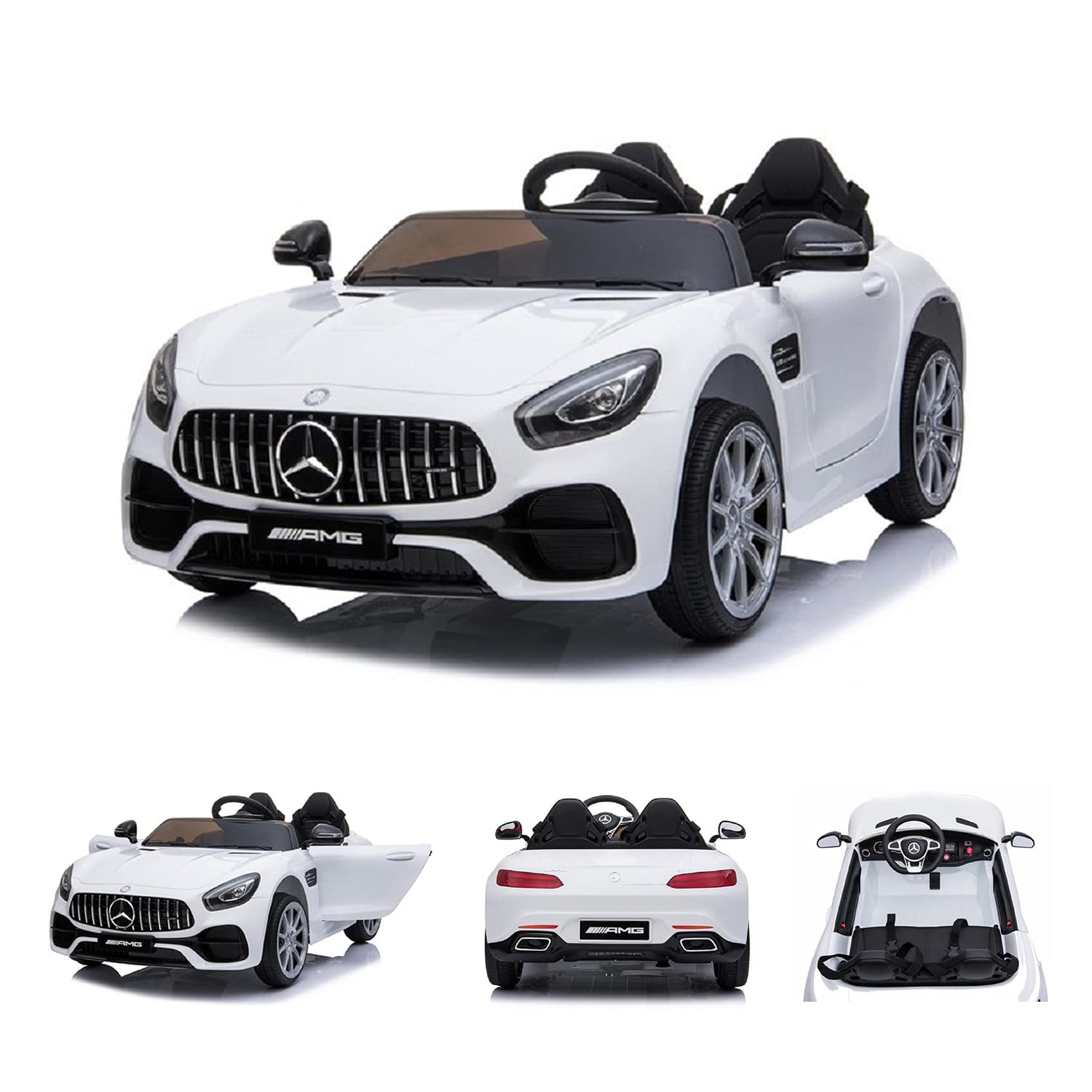 Kinderfahrzeug - Elektro Auto Mercedes AMG GT Doppelsitzer M - lizenziert - 12V, 2 Motoren- 2,4Ghz, MP3, Ledersitz+Eva (Weiss)