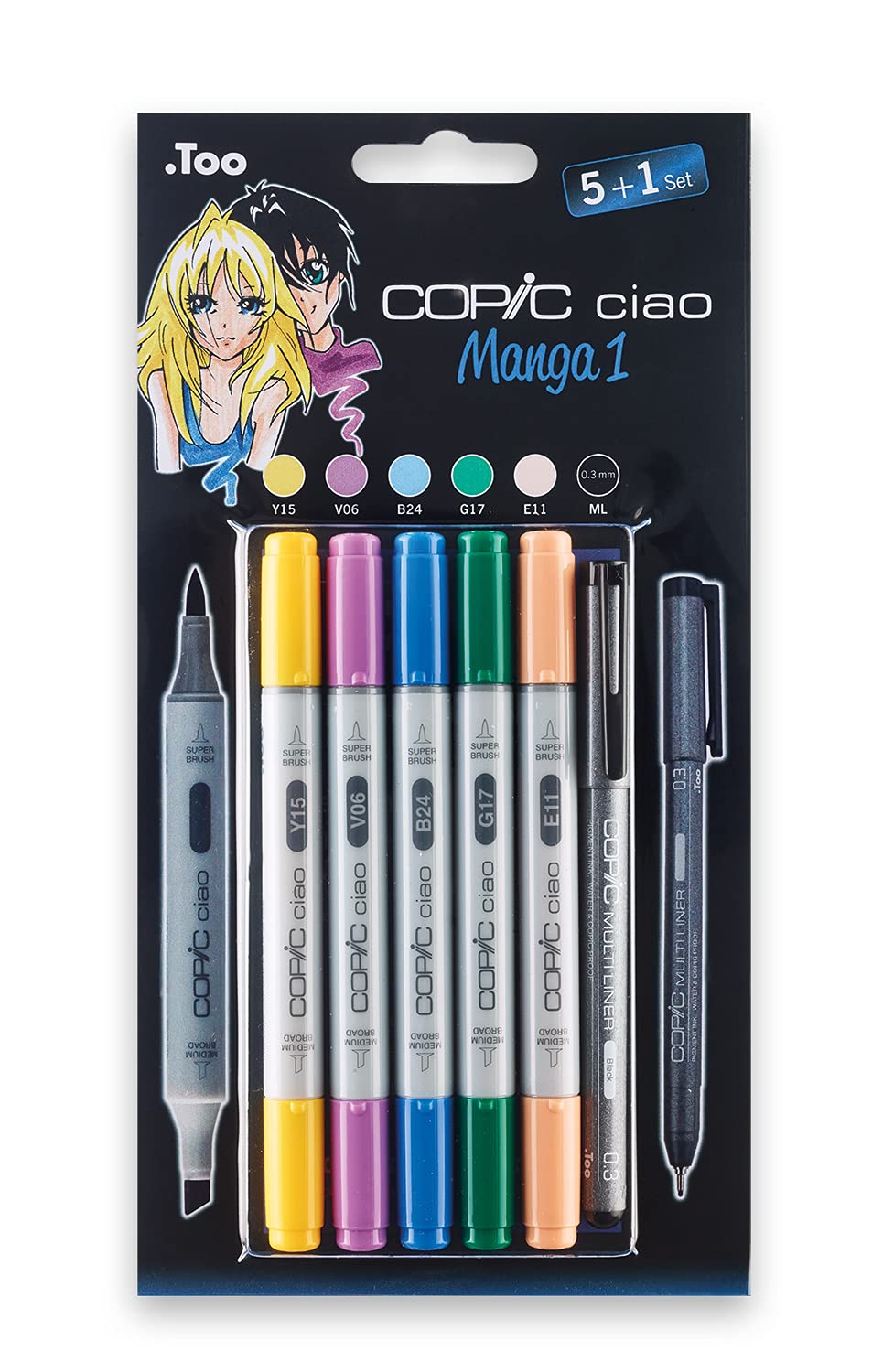 COPIC Ciao Marker 5+1 Set "Manga 1", 5 Allround-Layoutmarker mit einer mittelbreiten und einer Brush-Spitze, inkl. 1 Multiliner 0,3 mm