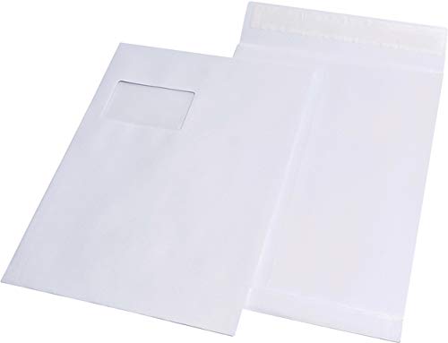MAILmedia® Versandtasche, mit Falte, 20 mm, Stehboden, mit Fenster, haftklebend, C4, 120 g/m², Offset, weiß (100 Stück), Sie erhalten 1 Packung á 100 Stück