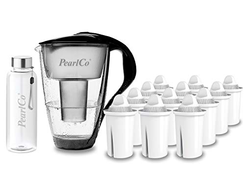 PearlCo - Glas-Wasserfilter (schwarz) mit 12 Universal classic Filterkartuschen + 1 Trinkflasche aus Glas
