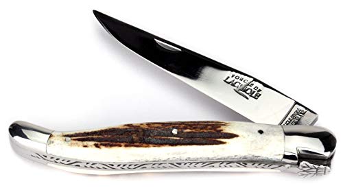 Forge de Laguiole Taschenmesser - 12 cm - Griff Hirschhorn - Klinge 10 cm glänzend - Backen glänzend