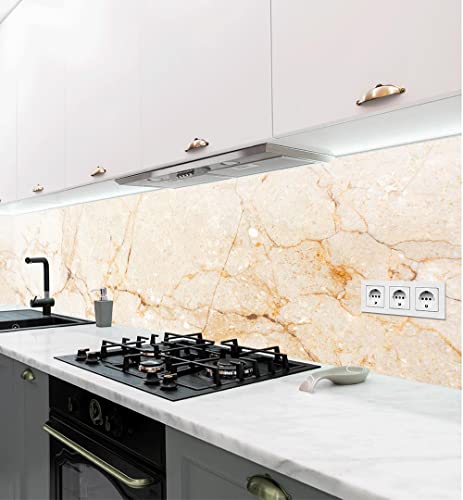 Displayhersteller | Selbstklebende Küchenrückwand | Motiv Marmor beige | adhesive kitchen wall design | Wandtattoo | Wandbild Küche | Wand-Deko | Klebe-Folie | Wandgestaltung