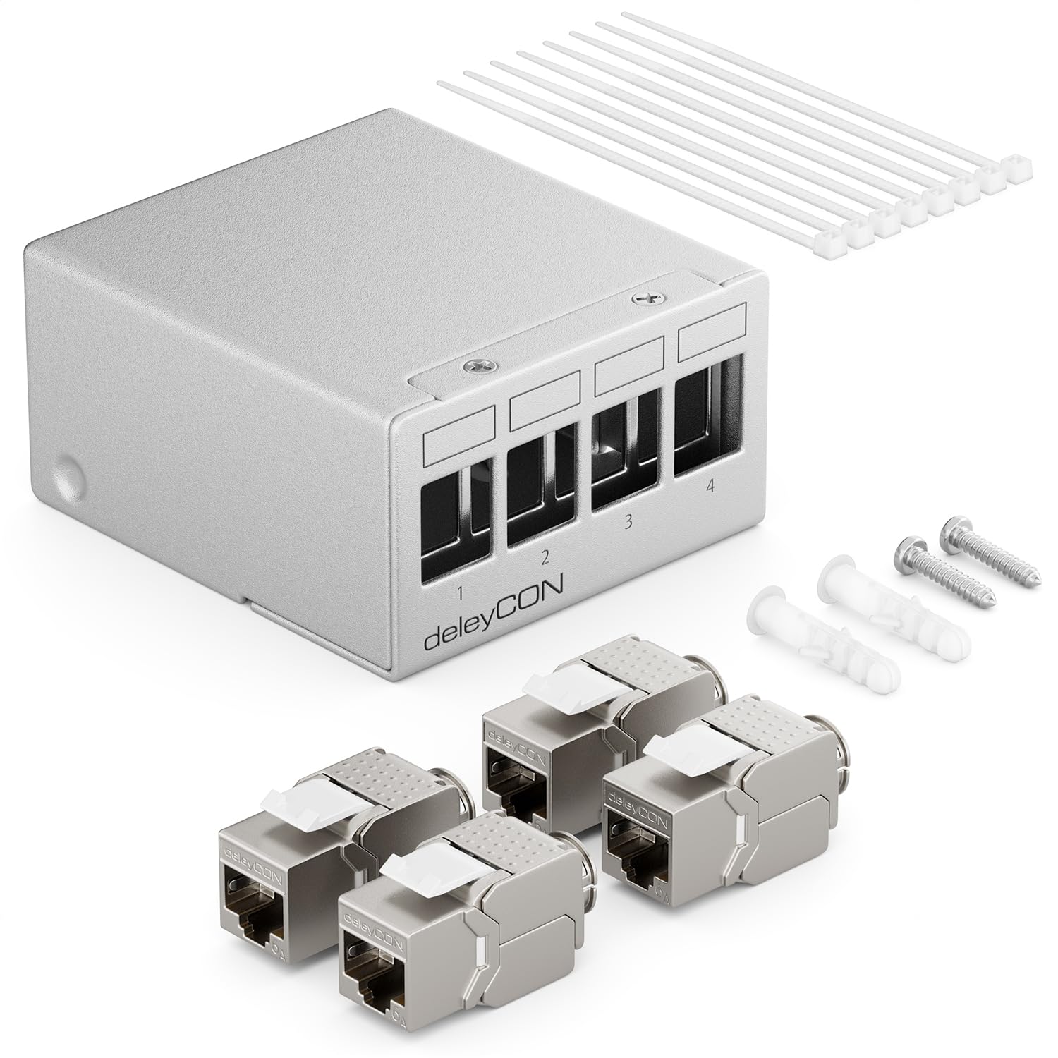 deleyCON 4 Port Patchpanel Set Patchfeld Verteilerfeld 1 HE + 4x RJ45 Keystone Jack Modul STP CAT6a Kompatibel mit Verlegekabel CAT6 CAT6a CAT7 Netzwerkkabel Ethernet LAN DSL - Grau