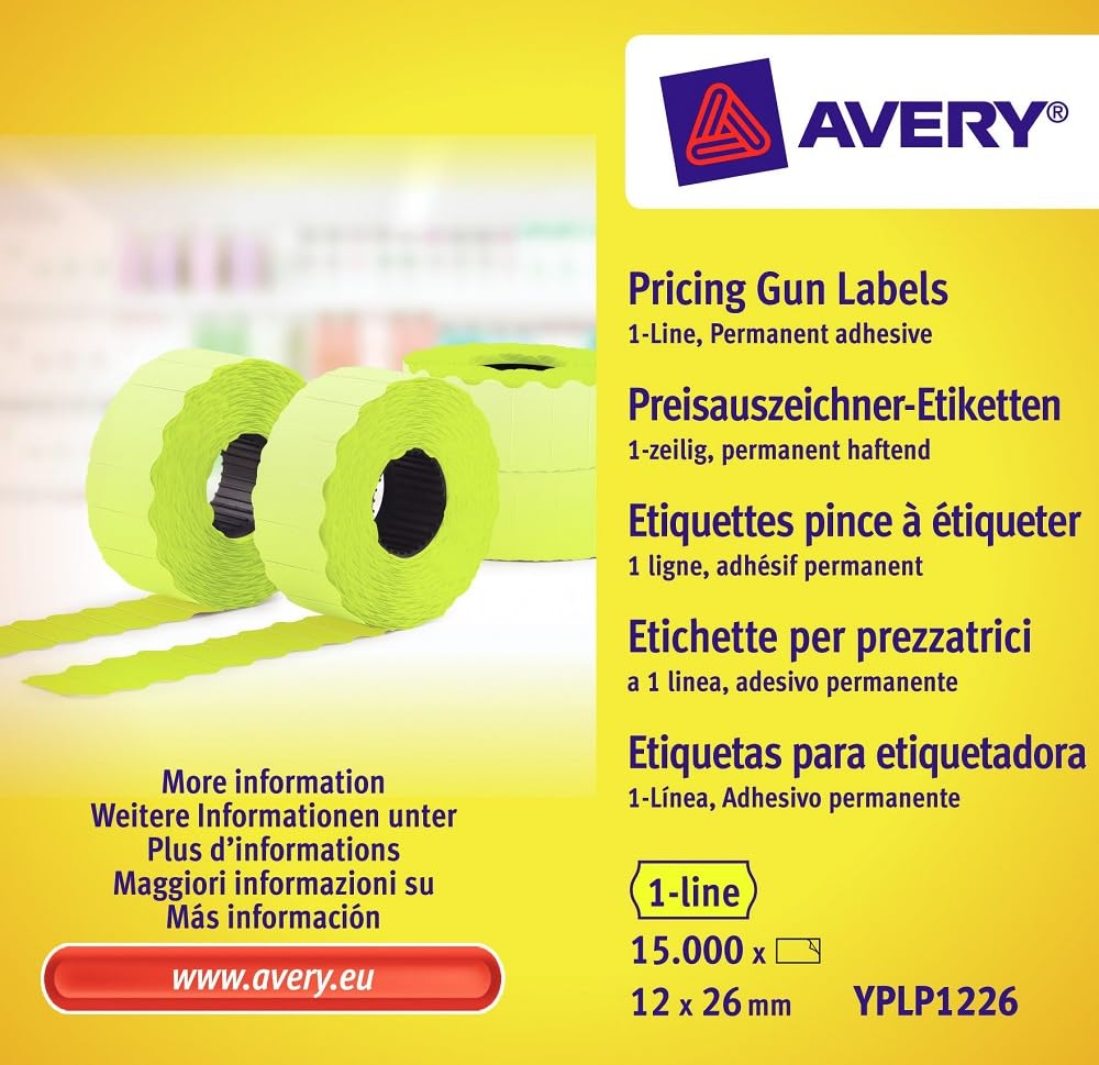 Avery Zweckform YPLP1226 Preisauszeichner-Etiketten, 1-zeilig, 12 x 26 mm, 10 Rollen/15.000 Etiketten, gelb
