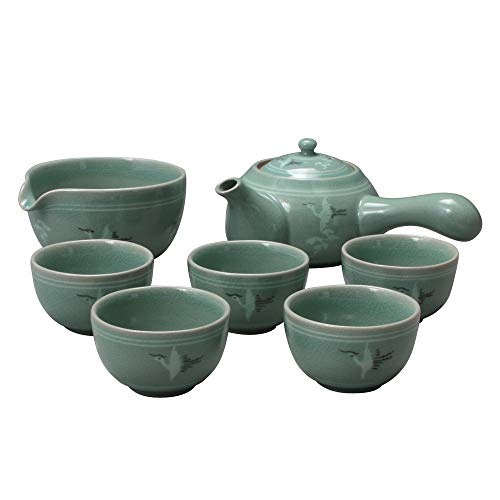 Koreanischer Stil Celadon Porzellan Krane Vogel Wolke Tee Zeremonie Komplettservice Geschenk Set Keramik 350 ml Seitengriff Teekanne Krug