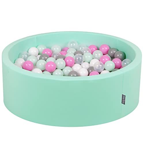 KiddyMoon 90X30cm/300 Bälle ∅ 7Cm Bällebad Baby Spielbad Mit Bunten Bällen Rund Made In EU, Mint:Transparent/Grau/Weiß/Pink/Minze