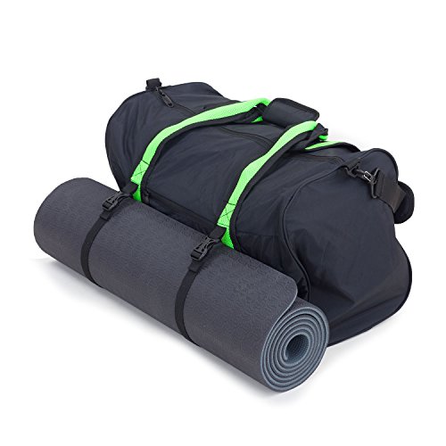 Yogamatte Lotus Pro (schwarz-grau) + Yoga & Sports Bag (schwarz-grün), große Sporttasche mit Mattengurten im Set mit TPE Yogamatte (6mm)