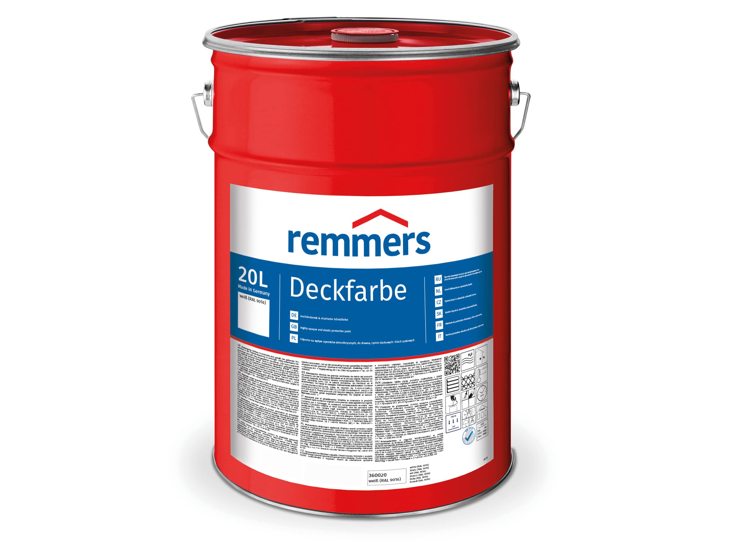 Remmers Deckfarbe weiß (RAL 9016), 20 Liter, Deckfarbe für innen und außen, Wetterschutzfarbe viele Untergründe, hochdeckend, wetterfest