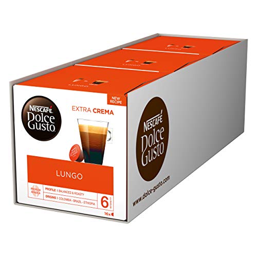 NESCAFÉ Dolce Gusto Lungo | 48 Kaffeekapseln | 100% Arabica Bohnen | Feine Crema und kräftiges Aroma | Schnelle Zubereitung | Aromaversiegelte Kapseln | 3er Pack (3 x 16 Kapseln)