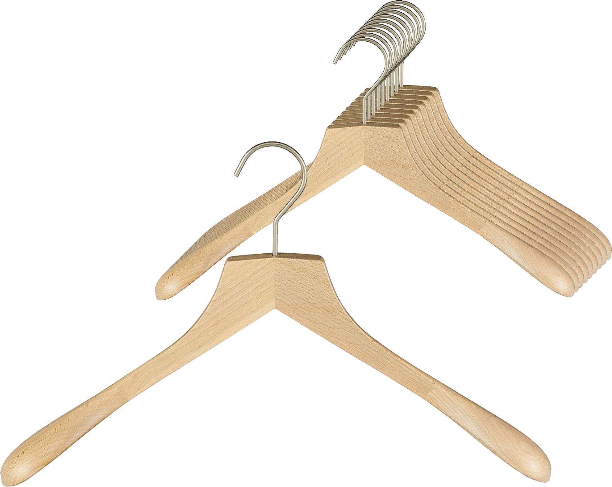 MAWA Kleiderbügel, 10 Stück, hochwertiger Holzbügel mit Schulterverbreiterung für Mäntel und Jacketts, FSC® Zertifiziert, 360° drehbarer Haken, Kleiderbügel aus Buchenholz, 45 cm, Natur