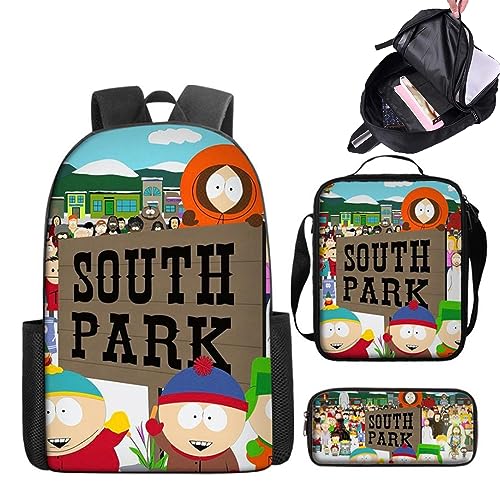AVCULT South Park Backpack, 3D Cartoon Character School Backpack, 3 Piece Backpack Set, 3Pcs Set South The Park Backpack, Backpacks Crossbody Bag Pencil Case, Holiday Surprise
