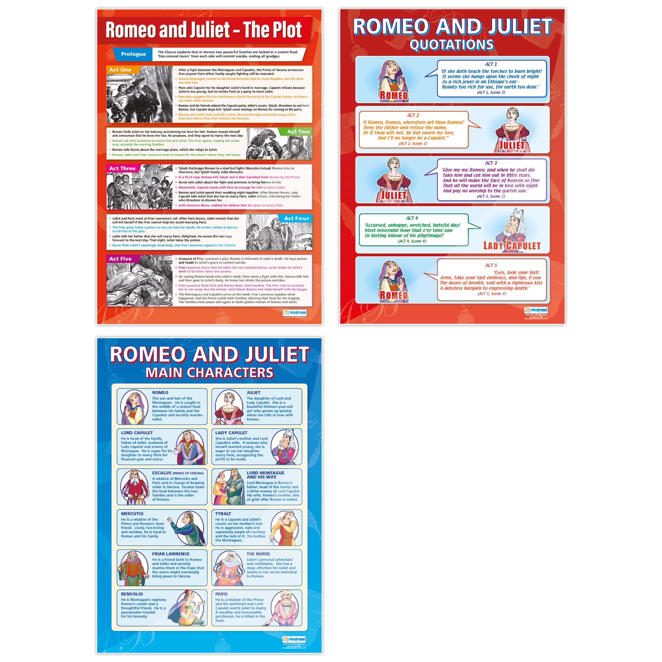 Daydream Education Poster „Romeo & Juliet“, englische Literaturposter aus Hochglanzpapier mit den Abmessungen 850 x 594 mm (A1), Literaturposter für Klassenzimmer, 3er-Set