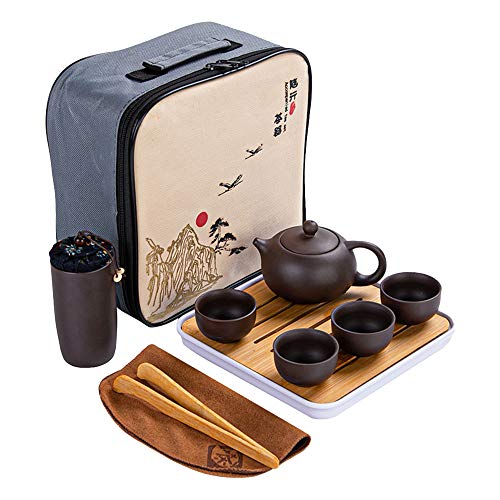 G-LIKE Keramik Teeservice Zisha-Ton Unglasiert - Traditionelles Chinesisches Teegeschirr aus Lila Ton Tragbare Geschenkbox mit 1 Teekanne 1 Teedose 1 Teebrett 4 Teetassen Teeset Gong Fu Stil (Ton)