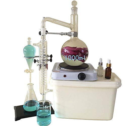 1000ML Laborglas-Kit, Destillierapparat für reines Wasser mit ätherischem Öl, mit Kondensatorrohrflasche und Heizung
