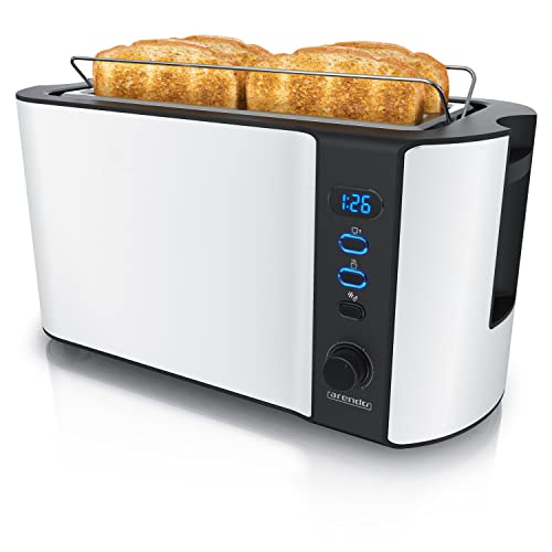 Arendo - Edelstahl Toaster Langschlitz 4 Scheiben - Defrost Funktion - wärmeisolierendes Gehäuse - mit integrierten Brötchenaufsatz - 1500W - Krümelschublade - Display mit Restzeitanzeige - weiß matt
