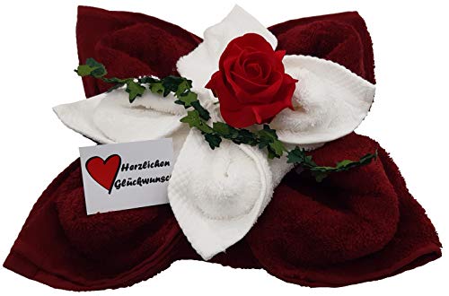Frotteebox Geschenk-Set Rose aus Handtuch (100x50cm) rot und Gästetuch (30x30cm) weiß in Handarbeit geformt mit Deko-Rose