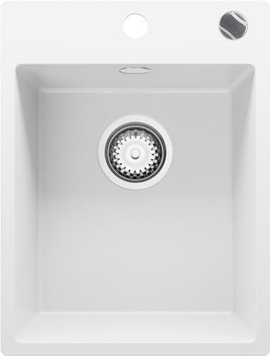 Granitspüle Weiß 40 x 50 cm, Spülbecken + Siphon Automatisch, Küchenspüle ab 40er Unterschrank in 5 Farben mit Siphon, Einbauspüle von Primagran