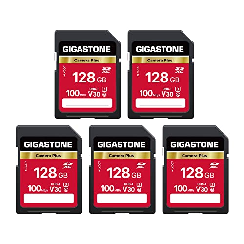 Gigastone Kamera Plus 128GB SDXC Speicherkarte 5er-Pack bis zu 100 MB/s für Digitalkameras Canon Sony Nikon Olympus, 4K UHD Videoaufnahmen UHS-I U3 V30 Klasse 10, mit 5 Mini-Hülle