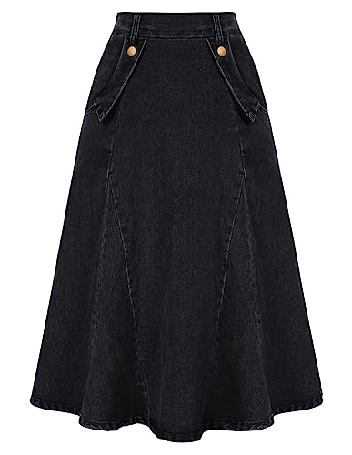 Damen Rock Jeansrock Midi A-Linie Hohe Taille Skirt mit Taschen Vintage Elegant Schwarz L