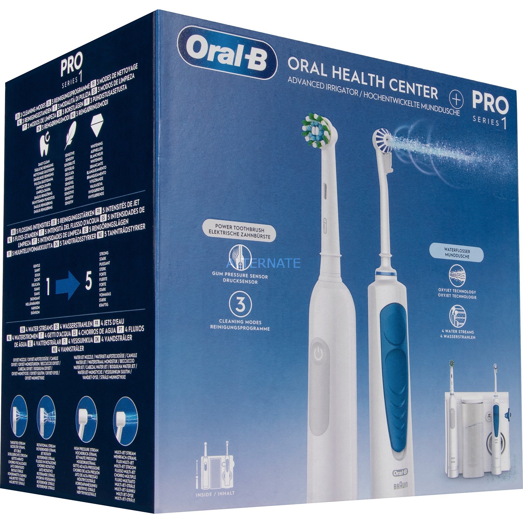 Oral-B Oral Health Center Mundduscher: Zahnseide mit Wasser, 1 Oxyjet Kanüle, 1 WaterJet Kanüle, 1 Pro Series 1 elektrische Zahnbürste, 2 Bürsten