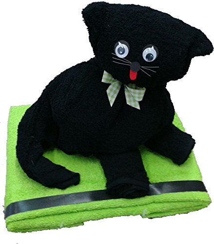 Frotteebox Geschenk Set Katze schwarz in Handarbeit geformt aus 2x Handtuch (100x50cm) schwarz/grün, 1x Gästetuch schwarz