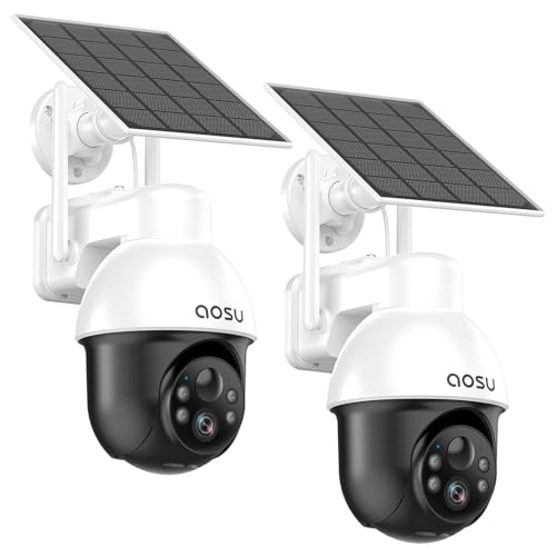 AOSU 2 stück überwachungskamera aussen solar, 3K 5MP solar überwachungskamera aussen akku, 360° Pan Tilt Kamera Überwachung mit Automatischer Verfolgung, Farb Nachtsicht, Personen-/Autoerkennung