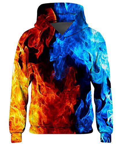 Goodstoworld Teenager Mädchen Fleece Hoodie mit Tasch Kinder Jungen Pullover Coole Farbe Flamme 3D Druck Kapuzenpullover Sweatshirt Rauch 11-14 Jahre