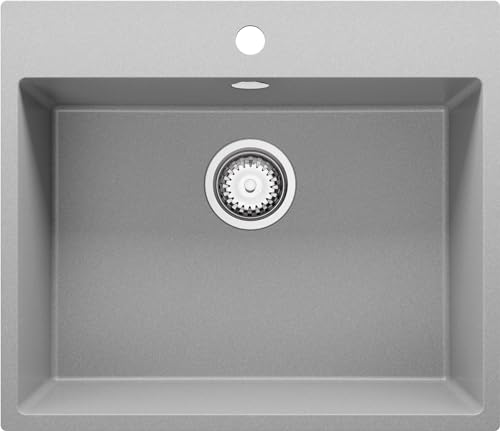 Spülbecken Grau 58x50 cm, Granitspüle 1 Becken + Ablauf-Set, Küchenspüle ab 60er Unterschrank, Einbauspüle von Primagran