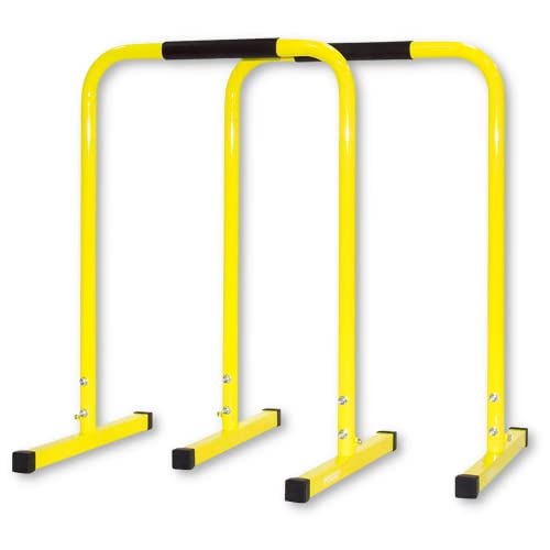 Powrx Dip Barren (Paar) inkl. Workout | Push Up Stand Bar | Dip Station | Fitness Rack | Core Trainer (Gelb, 90 x 65 cm)
