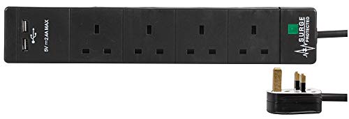 Pro Elec PEL00102 4-Wege-Verlängerungskabel, 2 USB-Anschlüsse, Überspannungsschutz, 3 m, Schwarz