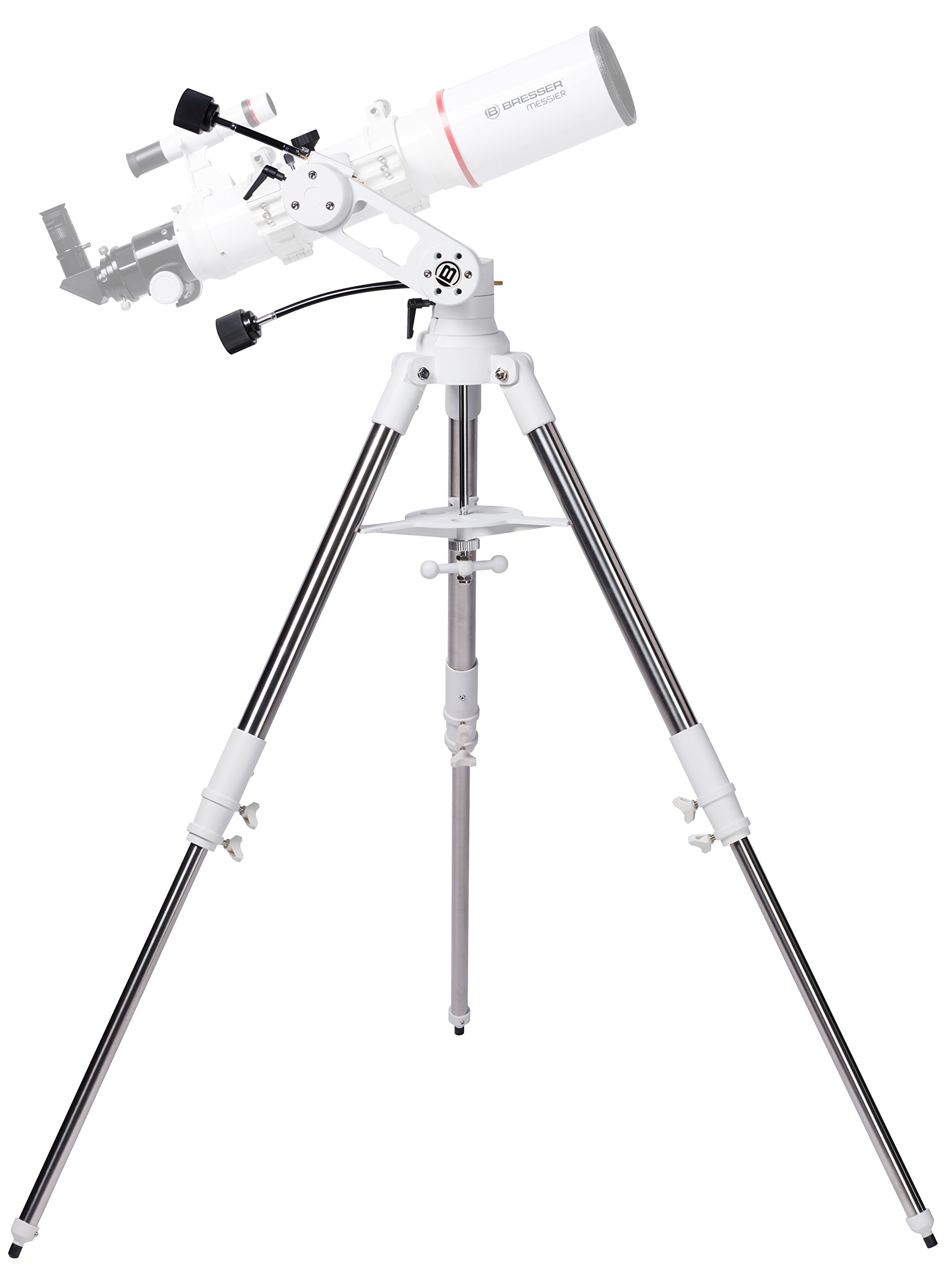 Bresser Azimutale Teleskop Montierung Twilight I mit 3-Bein-Stativ aus Edelstahl, flexiblen Antriebswellen und universeller GP-Prismenaufnahme mit einer Traglast von bis zu 8 kg, weiß
