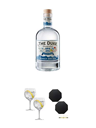The Duke - WANDERLUST - 47% München Dry BIO Gin 0,7 Liter + Spiegelau Gin & Tonic 4390179 2 Gläser + Schiefer Glasuntersetzer achteckig 2 x ca. 9,5 cm Durchmesser