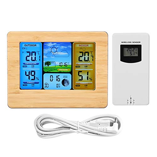 Zerodis Home Kabellose Wetterstation LCD Thermometer Digital Wireless Wetterstation Uhr mit Farbdisplay für Innen- und Außenbereich Gelb