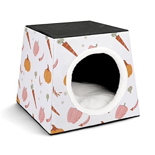 Mode Katzenhöhle für Katzen Hunde Kleintiere Faltbares Katzenhaus Katzenbett Katzensofa mit Flauschiges Kissen Gemüse Kürbis Karotte