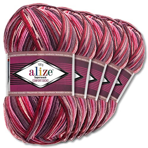 Wohnkult Alize 5x100g Superwash Comfort Sockenwolle 33 Farben zur Auswahl EIN-/Mehrfarbig (2698)