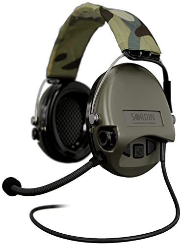 Sordin Supreme MIL CC Slim Gehörschutz - aktiver Gehörschützer mit Nexus-Kabel - Boom-Mikrofon, Camo-Band & grüne Kapsel