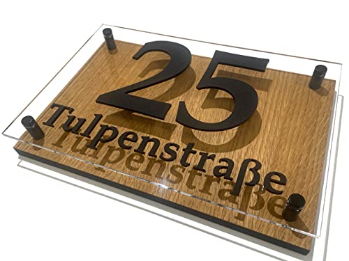 Hausnummer-Schild Adressschild haus hauswand personalisiert holz eiche plexiglass 3d individuelles design (Eichenmuster 1)