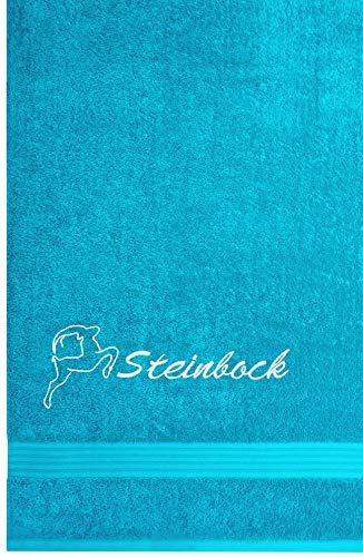 Lashuma Linz Saunalaken mit Tierzeichen Steinbock Stickerei, Strandtuch 70x200cm, Handtuch Aquamarin Blau