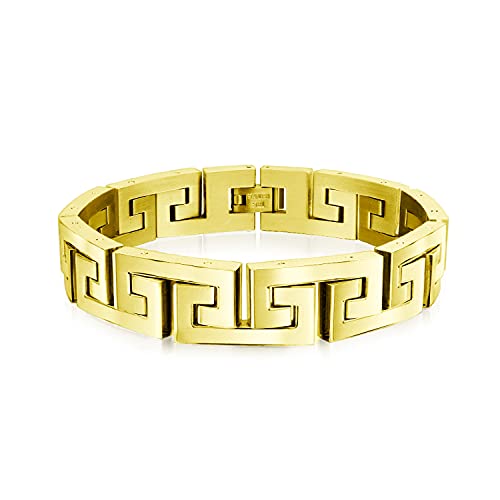 Bling Jewelry Starke maskuline geometrische Phantasie Design griechischen Schlüsselmuster Symbol Link Armband für Teens Männer Gold Ton Edelstahl Armband 9 Zoll 12MM