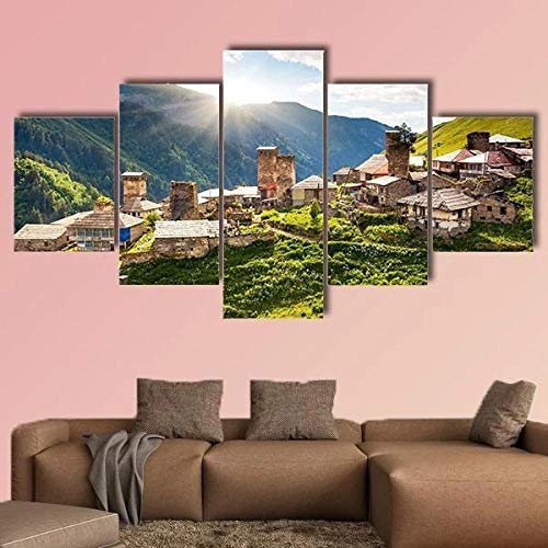 5 Teilige Leinwandbilder Painting Kunstdruck Blick auf das Dorf Adishi in Georgien Bilder auf Leinwand 5 Teile Leinwanddrucke Wohnzimmer Wohnkultur 100X55Cm