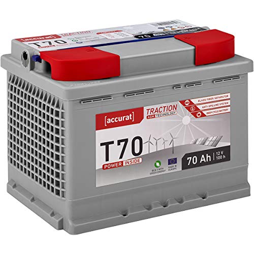 Accurat Traction T70 AGM Batterie - 12V, 70Ah, zyklenfest, bis 30% mehr Kapazität - VRLA Versorgungsbatterie, Bootsbatterie, Solarbatterie für Wohnwagen, Wohnmobil, Camper