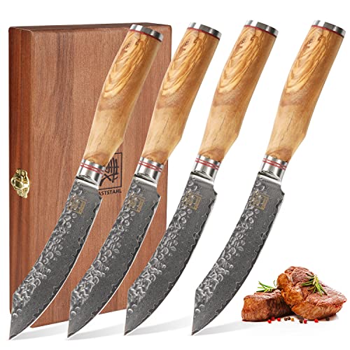 zayiko Olive Exklusives 4er Steakmesser Set extrem scharfe 12,50 cm Klinge aus 67 Lagen mit Hammerschlag I Damast Steak Messer aus echtem japanischen Damaststahl mit Griffen aus Olivenholz & Holzbox