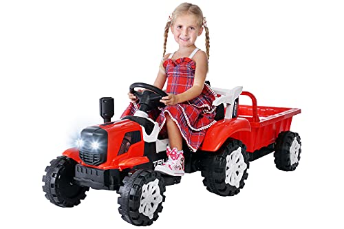 Actionbikes Motors Kinder Elektro Traktor mit Anhänger - 2,4 Ghz Fernbedienung – LED Scheinwerfer - Elektro Traktor für Kinder ab 3 Jahre (Rot)