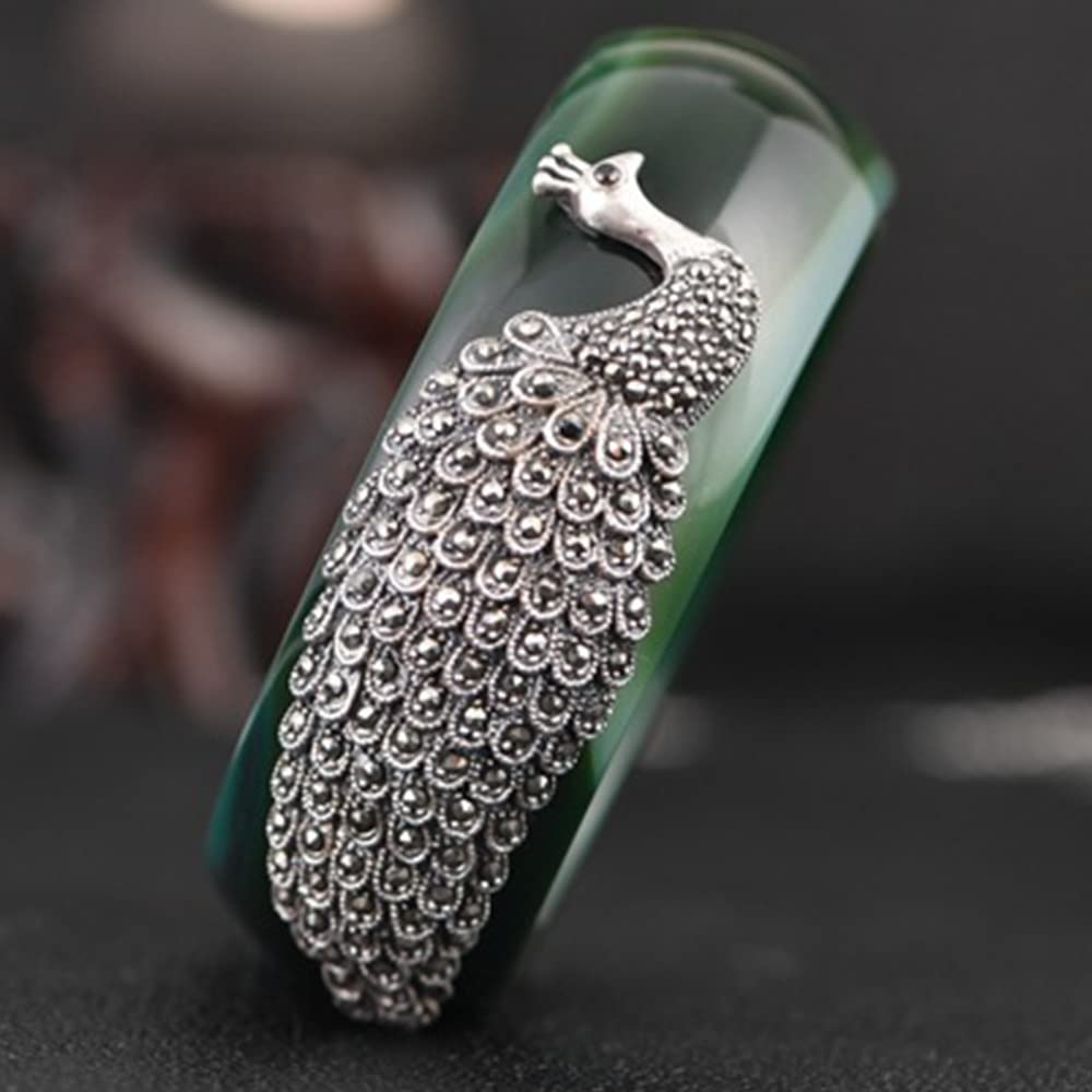 DHJY Chinesischen Stil Achat Jade Armreif Für Frauen S925 Silbernes Achat-chalcedon-Armband Handgemacht Premium-qualität Vintage,60mm