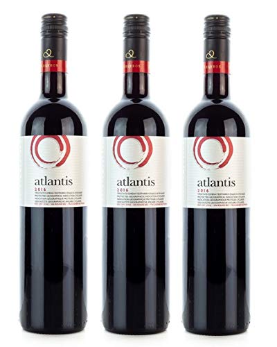 3x 750ml Atlantis Rotwein trocken vollmundig Santorini Argyros griechischer Rot Wein Set + 10ml Olivenöl von Kreta zum Test