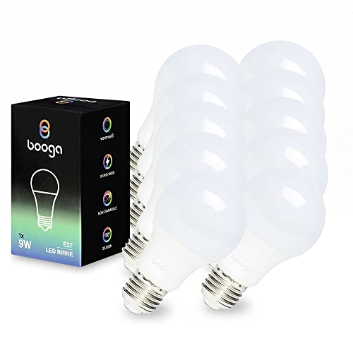 Booga LED E27 Glühbirne Leuchtmittel - 9 Watt - warmweißes Licht - 3000K - Milchglas - Energiesparlampe - LED-Birne - 220-240V AC, 10er Set
