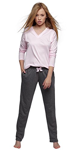 Moonline nightwear SENSIS stillvoller Baumwoll-Pyjama Schlafanzug Hausanzug aus feinem Langarm T-Shirt und bequemer Hose, Rosa, Gr. M (38)