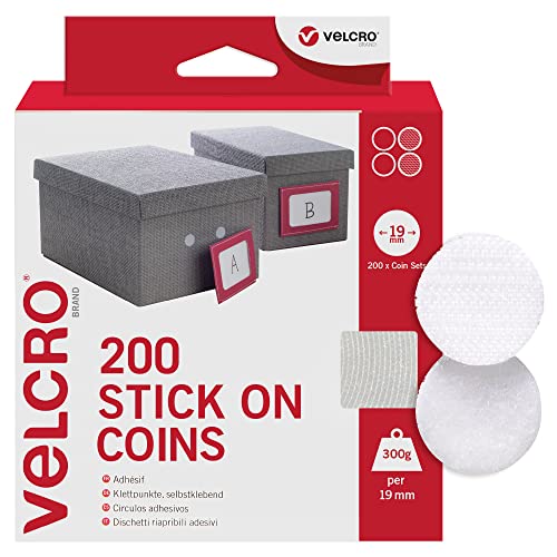 VELCRO Brand Weiße Münzen zum Aufkleben – 200 Stück 19 mm Klettverschluss doppelseitige Klebepads für Heimbüro und Garage