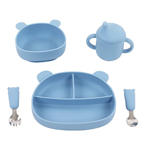 Baby-Fütterungsset, 5-teiliges lebensmittelechtes Silikon-Bären-Design, Teller, Schüssel, Trinkbecher, Löffel, Gabel, Säuglings-Fütterungs-Set(Blau)
